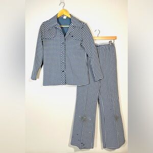 Vintage 1970s Leisure Suit Navy White Houndstooth Women’s Size Small